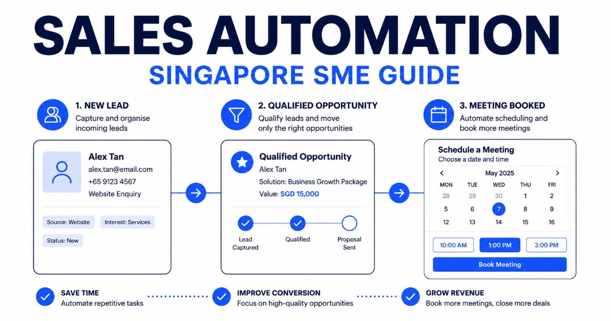 Sales automation flow: new lead captured, qualified opportunity, meeting booked